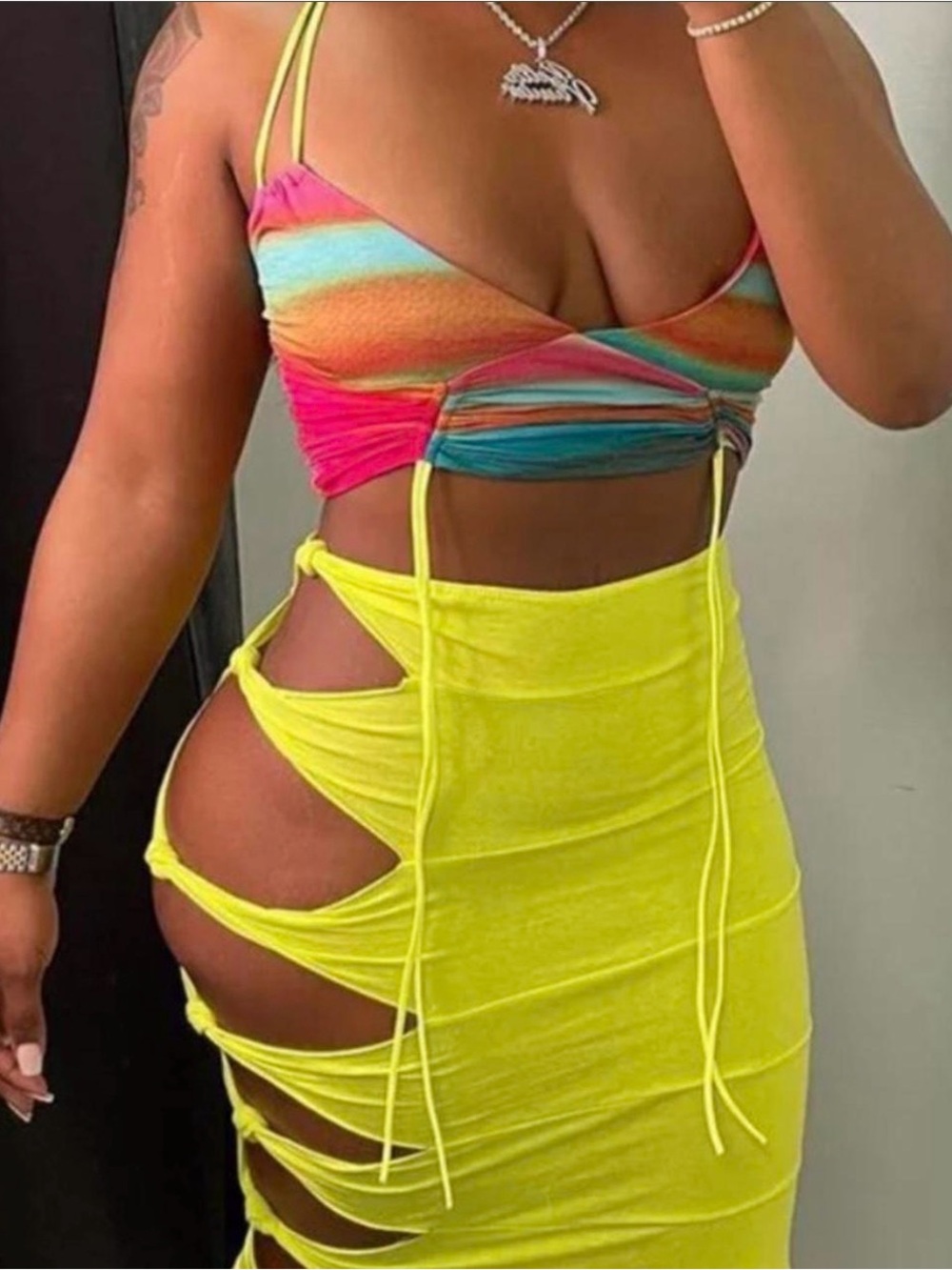 Neon Yellow Cutout Bodycon Skirt+ top